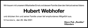 Traueranzeige von Hubert Webhofer von Dolomiten