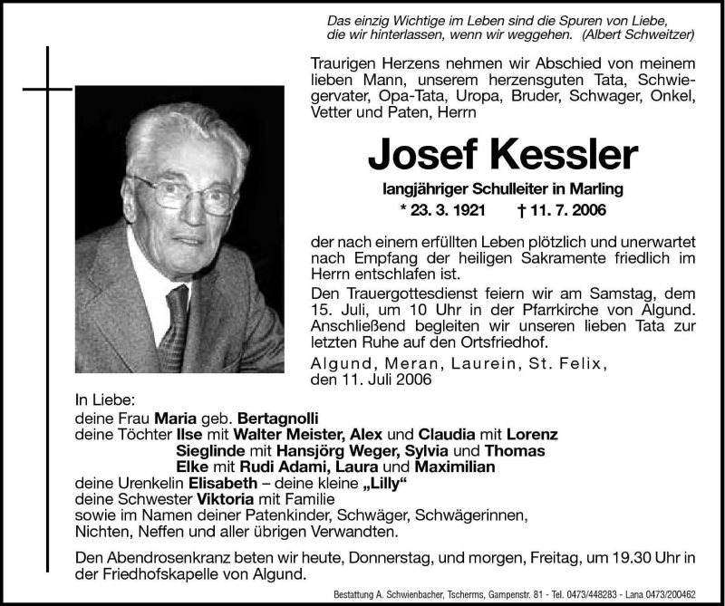  Traueranzeige für Josef Kessler vom 13.07.2006 aus Dolomiten