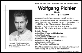 Traueranzeige von Wolfgang Pichler von Dolomiten