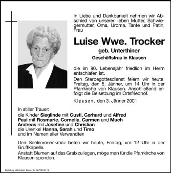 Traueranzeige von Luise Trocker von Dolomiten