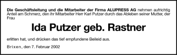 Traueranzeige von Ida Putzer von Dolomiten
