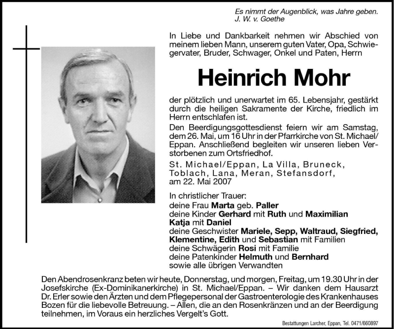  Traueranzeige für Heinrich Mohr vom 24.05.2007 aus Dolomiten
