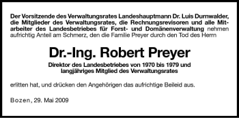 Traueranzeige von Robert Preyer von Dolomiten