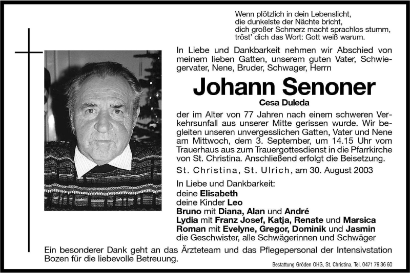  Traueranzeige für Johann Senoner vom 01.09.2003 aus Dolomiten