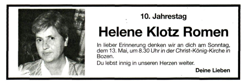  Traueranzeige für Helene Klotz Romen vom 11.05.2001 aus Dolomiten
