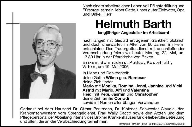  Traueranzeige für Helmuth Barth vom 22.05.2006 aus Dolomiten