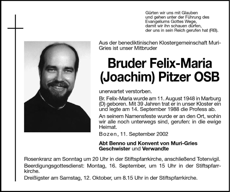  Traueranzeige für Felix-Maria Pitzer vom 14.09.2002 aus Dolomiten
