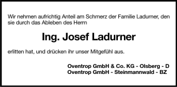 Traueranzeige von Josef Ladurner von Dolomiten