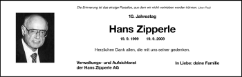 Traueranzeige von Hans Zipperle von Dolomiten