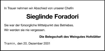 Traueranzeige von Sieglinde Foradori von Dolomiten