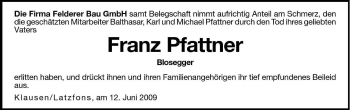 Traueranzeige von Franz Pfattner von Dolomiten