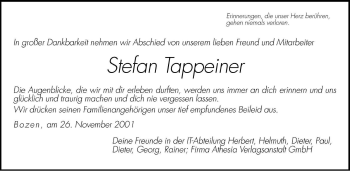 Traueranzeige von Stefan Tappeiner von Dolomiten