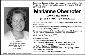 Traueranzeige von Marianne Pawlowicz von Dolomiten
