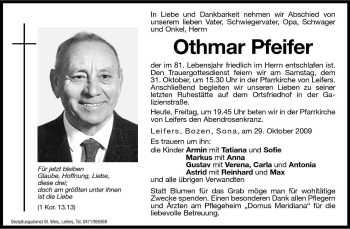 Traueranzeige von Othmar Pfeifer von Dolomiten