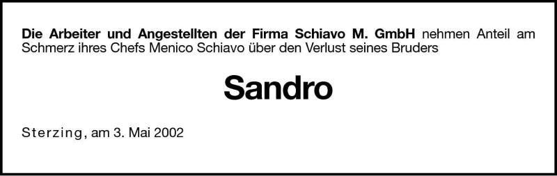 Traueranzeige für Sandro Schiavo vom 03.05.2002 aus Dolomiten