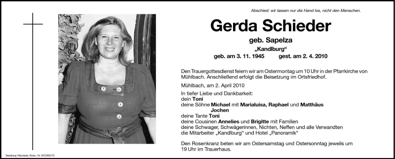  Traueranzeige für Gerda Schieder vom 03.04.2010 aus Dolomiten