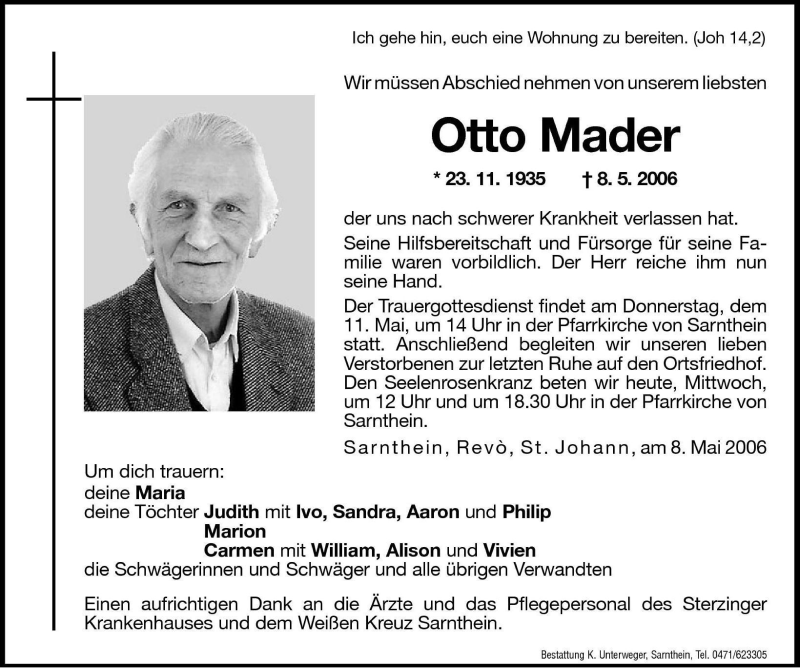  Traueranzeige für Otto Mader vom 10.05.2006 aus Dolomiten