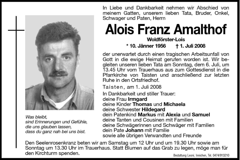  Traueranzeige für Alois Franz Amalthof vom 05.07.2008 aus Dolomiten