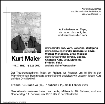 Traueranzeige von Kurt Maier von Dolomiten