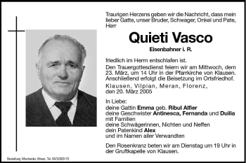 Traueranzeige von Quieti Vasco von Dolomiten