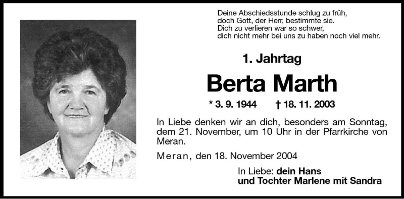  Traueranzeige für Berta Marth vom 18.11.2004 aus Dolomiten
