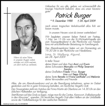 Traueranzeige von Patrick Burger von Dolomiten
