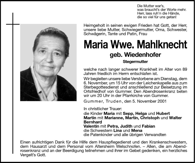  Traueranzeige für Maria Mahlknecht vom 05.11.2001 aus Dolomiten