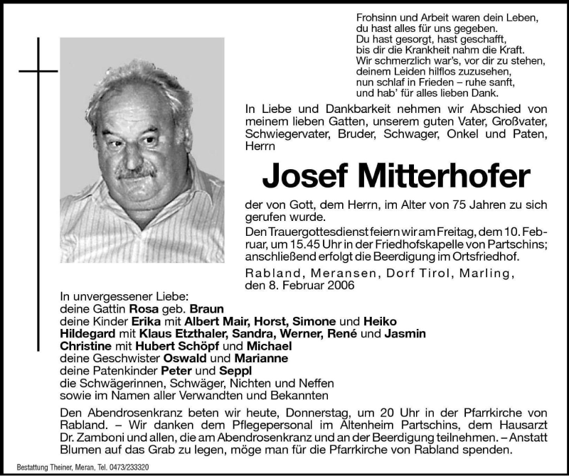  Traueranzeige für Josef Mitterhofer vom 09.02.2006 aus Dolomiten