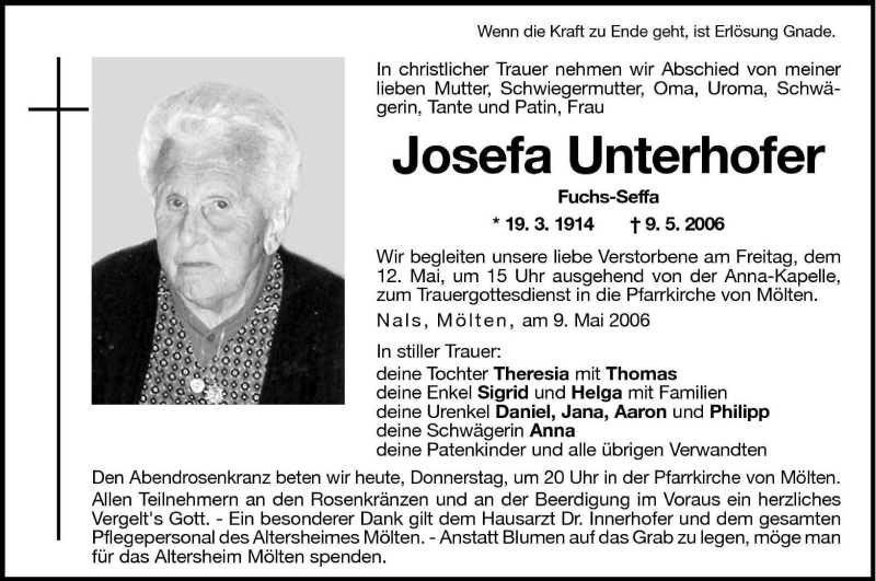  Traueranzeige für Josefa Unterhofer vom 11.05.2006 aus Dolomiten