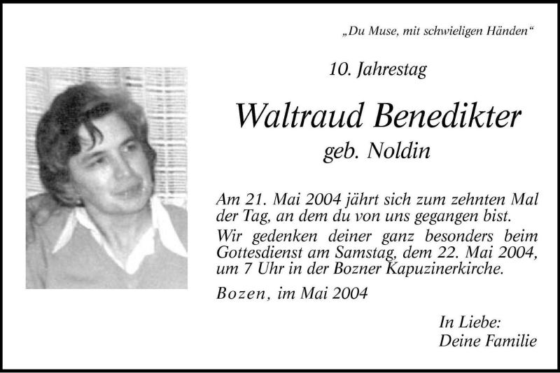  Traueranzeige für Waltraud Benedikter vom 21.05.2004 aus Dolomiten