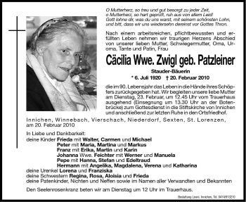 Traueranzeige von Cäcilia Zwigl von Dolomiten