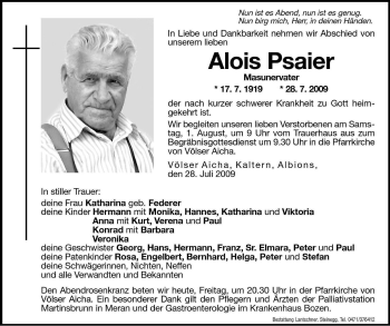 Traueranzeige von Alois Psaier von Dolomiten