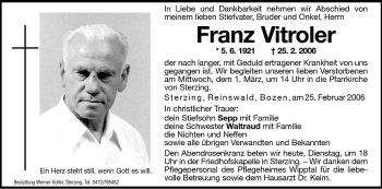 Traueranzeige von Franz Vitroler von Dolomiten