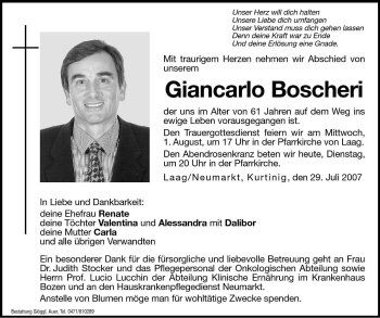 Traueranzeige von Giancarlo Boscheri von Dolomiten