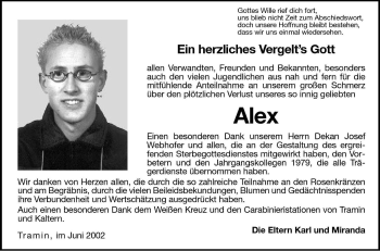 Traueranzeige von Alex Rungaldier von Dolomiten