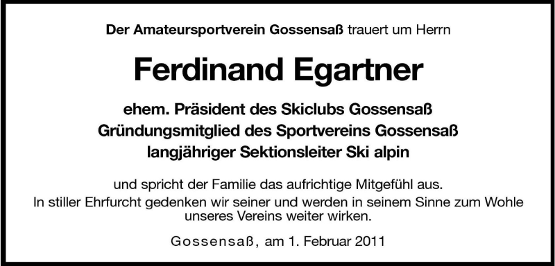  Traueranzeige für Ferdinand Egartner vom 01.02.2011 aus Dolomiten