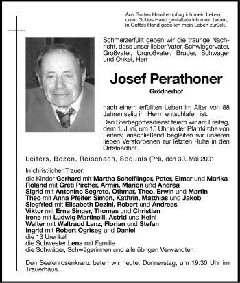 Traueranzeige von Josef Perathoner von Dolomiten