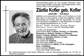 Traueranzeige von Zäzilia Kofler von Dolomiten