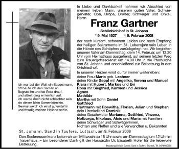 Traueranzeige von Franz Gartner von Dolomiten