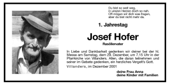 Traueranzeige von Josef Hofer von Dolomiten