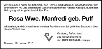 Traueranzeige von Rosa Manfredi von Dolomiten