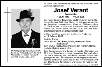 Traueranzeige von Josef Verant von Dolomiten