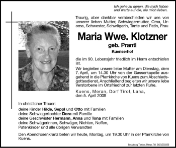 Traueranzeige von Maria Klotzner von Dolomiten