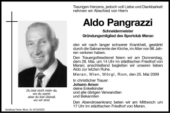 Traueranzeige von Aldo Pangrazzi von Dolomiten