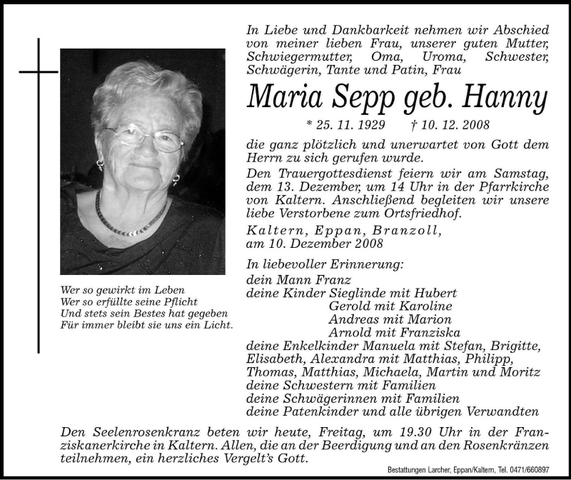  Traueranzeige für Maria Sepp vom 12.12.2008 aus Dolomiten