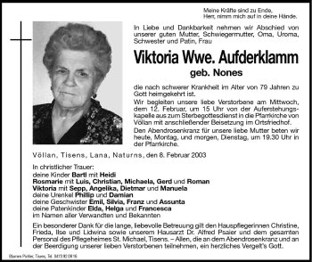 Traueranzeige von Viktoria Aufderklamm von Dolomiten