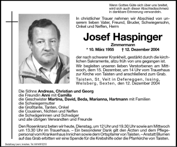 Traueranzeige von Josef Haspinger von Dolomiten