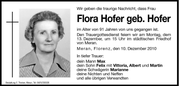 Traueranzeige von Flora Hofer von Dolomiten