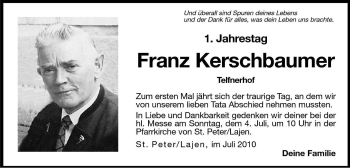 Traueranzeige von Franz Kerschbaumer von Dolomiten