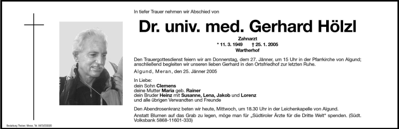  Traueranzeige für Gerhard Hölzl vom 26.01.2005 aus Dolomiten